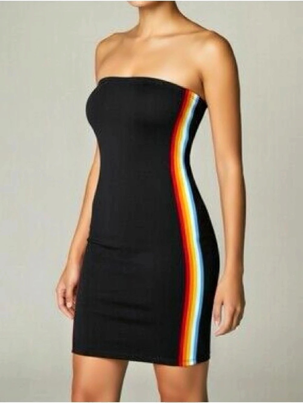 Urban Outfitters UO Rainbow Striped Tube Mini Dress Black & Multi Small